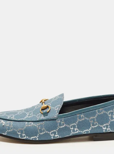 Gucci Jordaan Size 39 Blue GG Jacquard and Leather Loafers