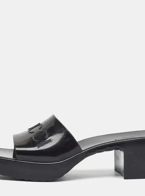 Gucci Logo Size 40 Black Rubber Block Heel Slide Sandals