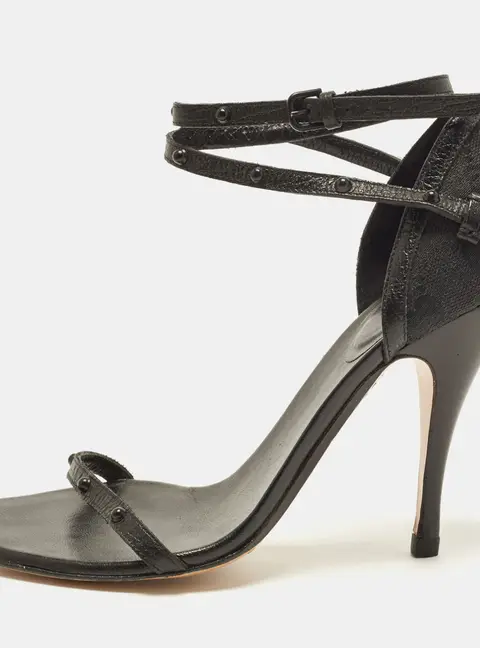 Gucci Studded Size 37 Black GG Canvas and Leather Ankle Strap Sandals