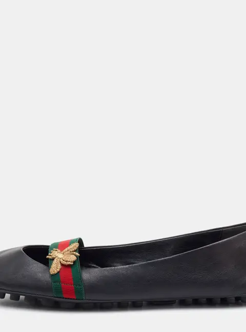 Gucci Bayadere Bee Size 40 Black Leather Web Mary Jane Ballet Flats