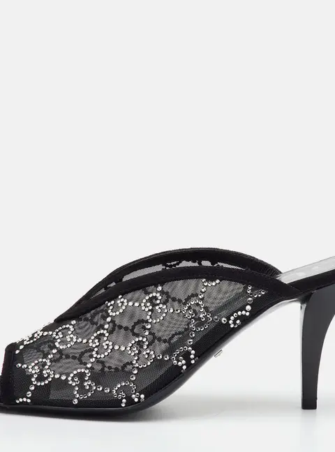 Gucci GG Crystal Embellished Size 38 Black Mesh and Suede Mules