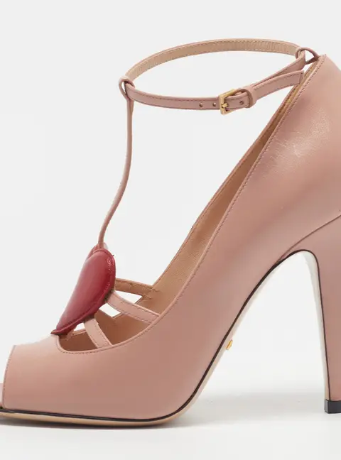 Gucci Molina Size 37.5 Pink/Red Leather Heart Health T Strap Peep Toe