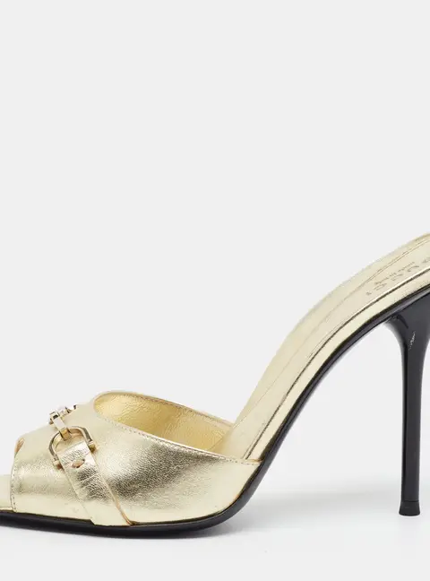 Gucci Size 38 Gold Leather Horsebit Open-Toe  Slide Sandals