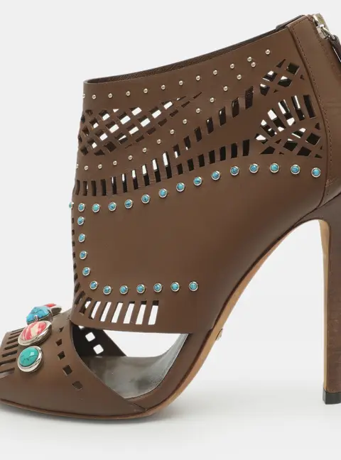 Gucci Lika Embellished Size 38 Brown Laser Cut Leather Booties