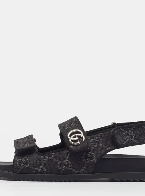 Gucci Double GG Size 39 Black Jacquard Slingback Flat Sandals