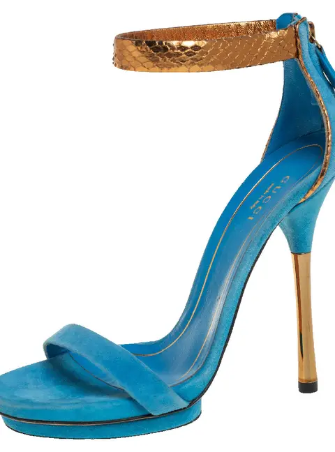 Gucci Blue/Gold Suede and Python Leather Kelis Ankle Strap Platform Sandals Size 36