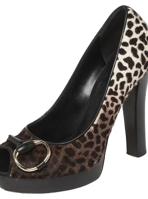 Gucci Brown Leopard Print Pony Hair Icon Bit Peep Toe Pumps Size 35.5