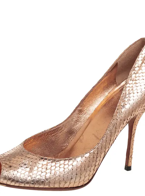 Gucci Metallic Bronze Python Peep Toe Pumps Size 38.5