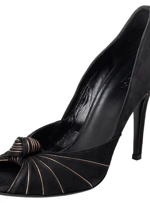 Gucci Black/Gold Suede Knotted Peep Toe Pumps Size 38.5