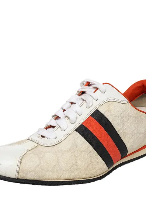 Gucci Size 39.5 White Coated Canvas, Croc Embossed Leather and Leather Low Top Sneakers
