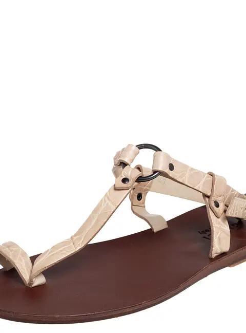 Gucci Light Cream Crocodile Toe Ring Sling Buckle Flat Sandals Size 41