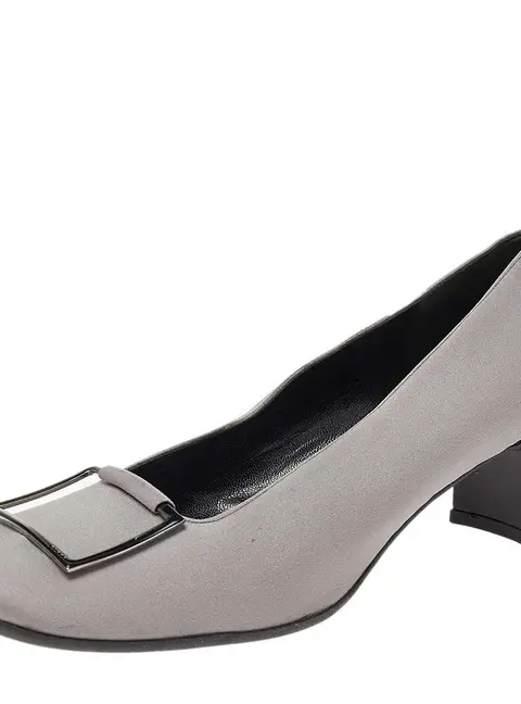Gucci Grey Fabric Square Toe Metal Trim Block Heel Pumps Size 37.5