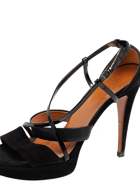 Gucci Black Suede And Patent Leather Platform Ankle Strap Sandals Size 39.5