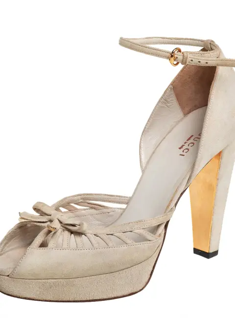 Gucci Off-White Suede Bow Platform Ankle Strap Sandals Size 36.5