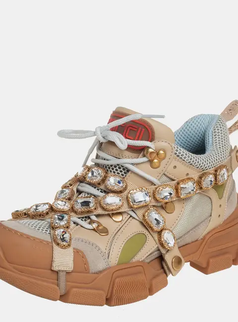 Gucci Beige/Grey Leather And Mesh Flashtrek Removable Crystals Sneaker Size 39