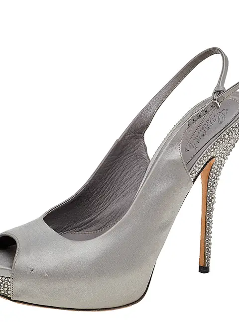 Gucci Grey Satin Peep Toe Platform Crystal Embellished Slingback Sandals Size 39