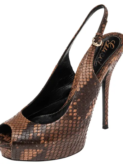 Gucci Brown Python Leather Sofia Platform Peep Toe Slingback Sandals Size 37.5