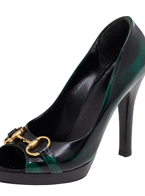 Gucci Black/Green Leather Horsebit Peep Toe Pumps Size 39