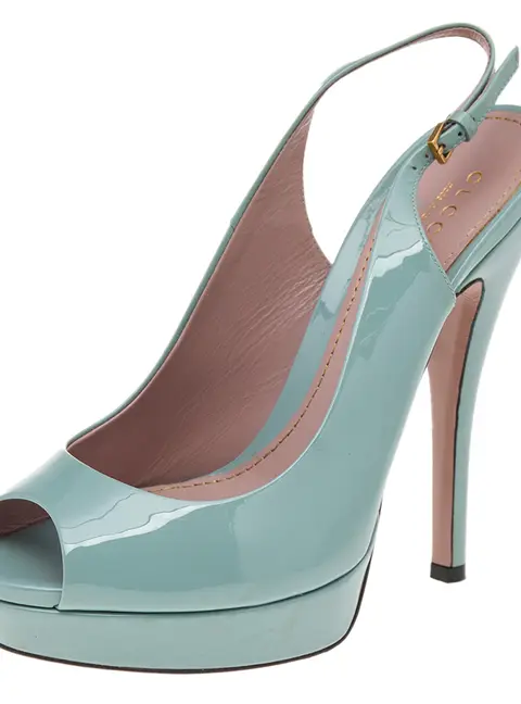 Gucci Green Patent Leather Peep Toe Slingback Sandals Size 37.5