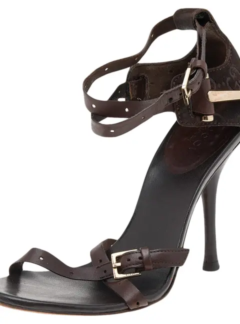 Gucci Brown Guccissima Suede And Leather Ankle Strap Sandals Size 34