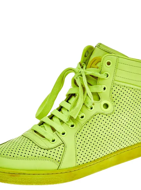 Gucci Neon Green Perforated Leather Lace Up High Top Sneakers Size 38.5