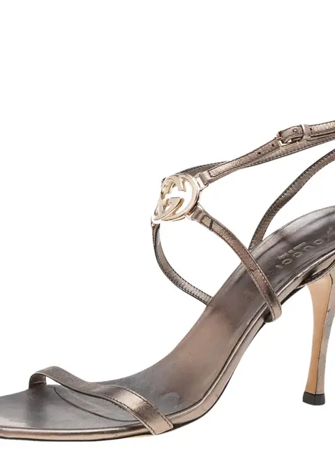 Gucci Metallic Grey Leather Ankle Strap Sandals Size 37.5