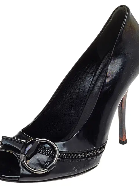 Gucci Black Patent Leather Horsebit Peep Toe Pumps Size 38