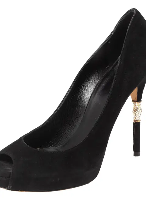 Gucci Black Suede Crystal Embellished Heel Peep Toe Pumps Size 39