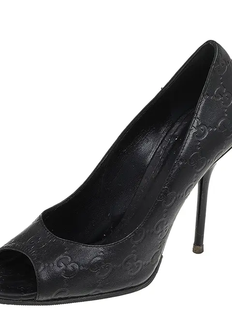 Gucci Black Guccissima Leather Peep Toe Pumps Size 38