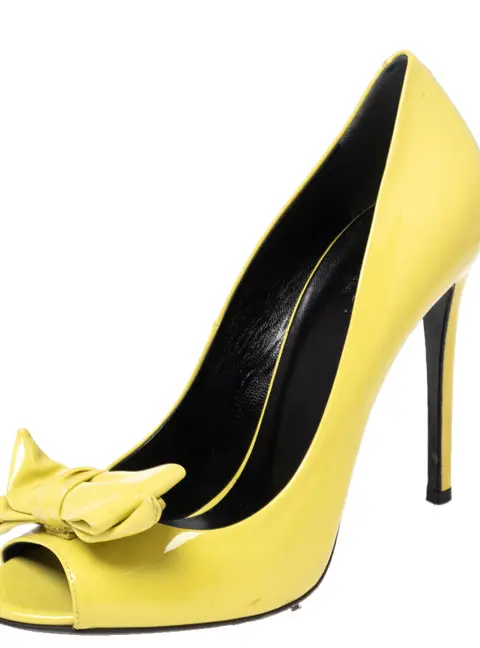 Gucci Yellow Patent Clodine Peep Toe Bow Pumps Size 38