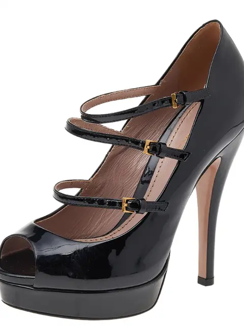 Gucci Black Patent Leather Multi Strap Lisbeth Platform Pumps Size 35.5