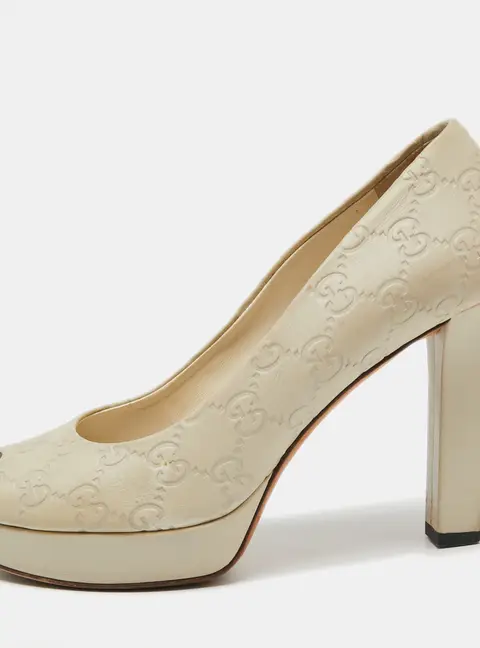 Gucci Off White Guccissima Leather Peep Toe Platform Pumps Size 37.5
