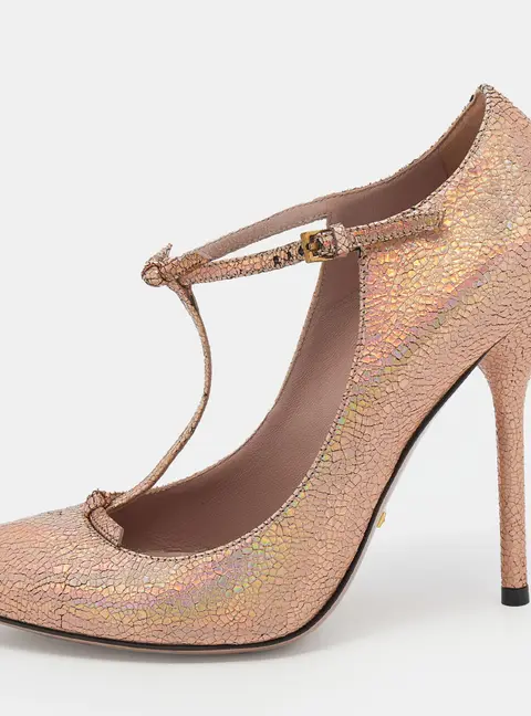 Gucci Metallic Holographic Crackled Leather Beverly T-Strap Pumps Size 37