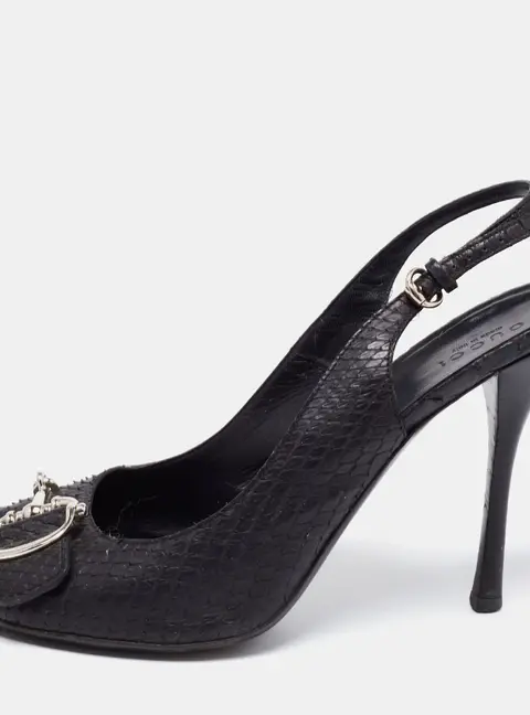 Gucci Black Python Leather Icon Bit Peep-Toe Slingback Sandals Size 39.5