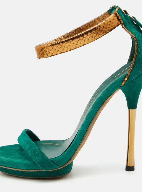 Gucci Green/Gold Suede and Snakeskin Leather Ankle Strap Sandals Size 37.5