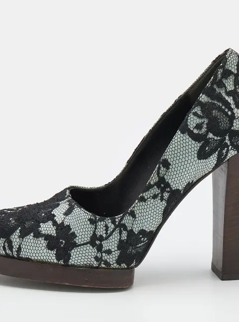 Gucci Black/Grey Floral Lace And Satin Block Heel Pumps Size 36