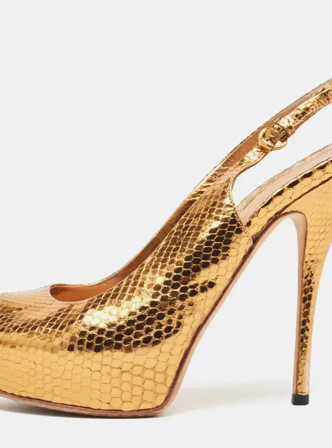 Gucci Metallic Embossed Snakeskin Sofia Peep Toe Singback Pumps Size 37.5