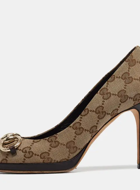 Gucci Brown/Beige Canvas Horsebit Peep Toe Pumps Size 37