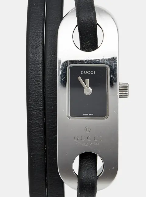 Gucci 6100L Black Dial Stainless Steel Leather Women's Wristwatch 14 mm