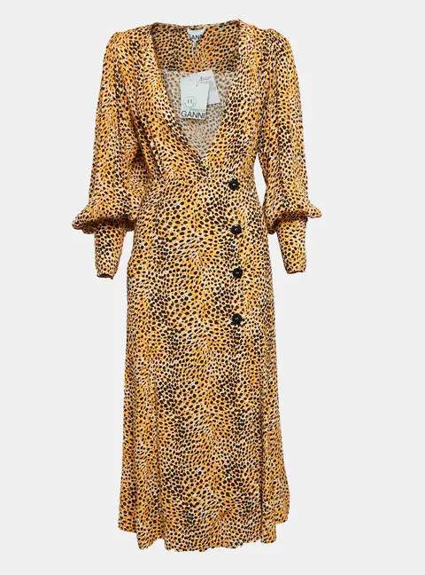 Ganni Yellow Leopard Print Crepe Buttoned Midi Dress S