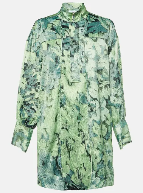 Ganni Green Abstract Floral Print Satin Mini Dress L