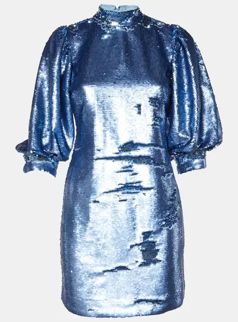 Ganni Blue Sequined High Neck Mini Dress S