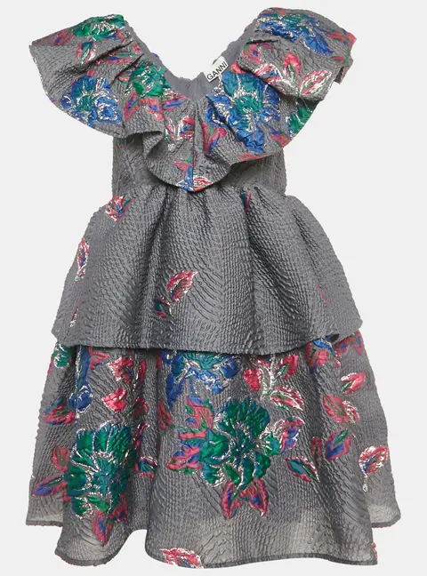Ganni Grey Lurex Jacquard Tiered Mini Dress XS