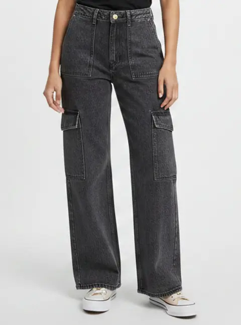GANNI Black Snow-Washed Denim Cargo Angi Jeans S/Waist 28"