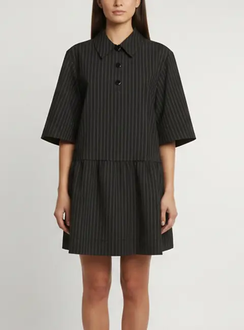 Ganni Black Pinstriped Synthetic Gathered Mini Dress XXL