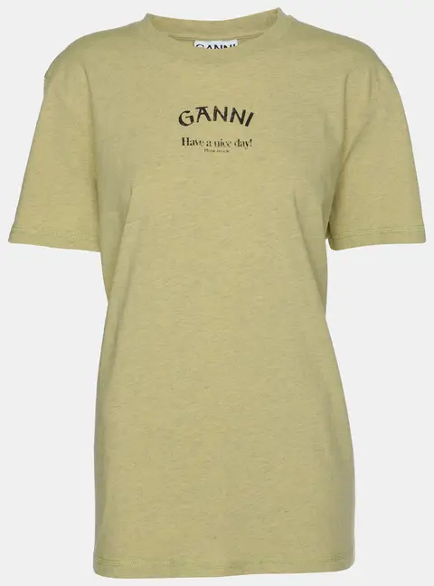 Ganni Leek Yellow Logo Print T-Shirt L
