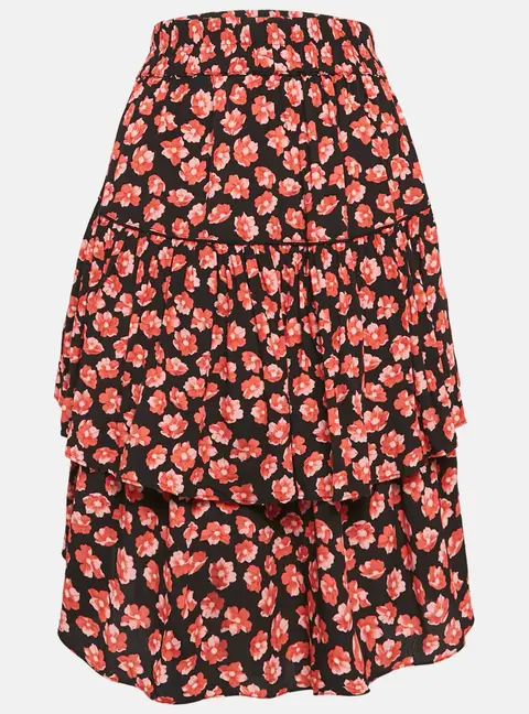 Ganni Black/Red Floral Print Lindale Crepe Tiered Short Skirt L