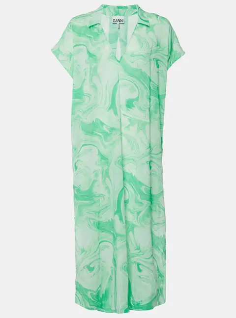 Ganni Green Marble Print Cotton Tunic Dress S/M