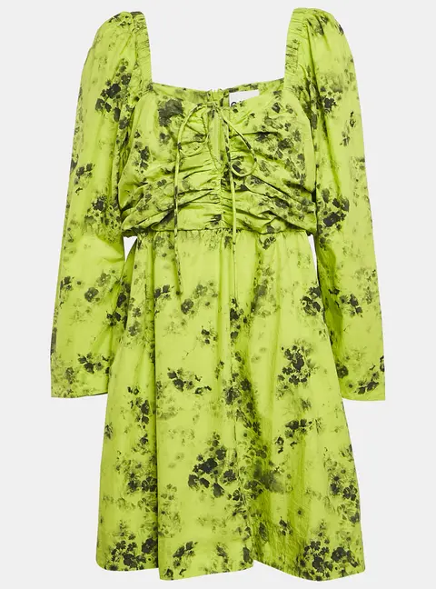 Ganni Green Floral Print Cotton Gathered Mini Dress L