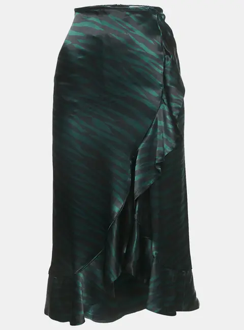 Ganni Black/Green Animal Print Satin Ruffled Midi Skirt XS